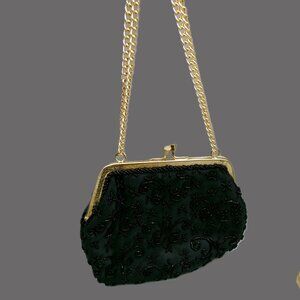 Vintage La Regale Beaded Black Evening Bag, Gold Frame and Chain  Original Box